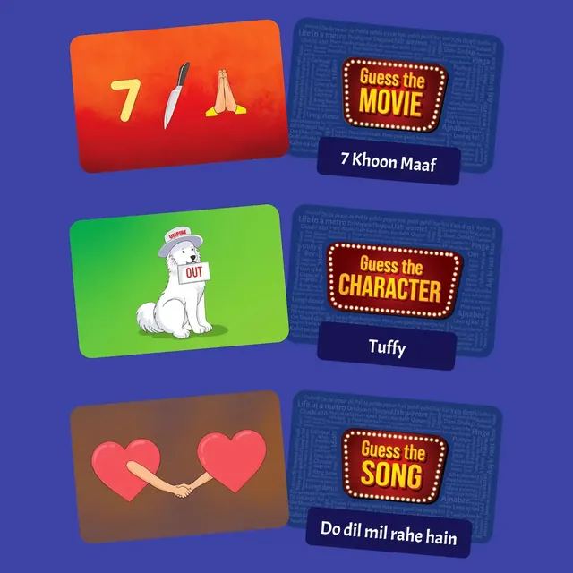 Three sample cards: Guess the movie, Guess the character and Guess the song, each with a picture clue