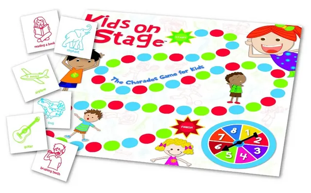 The Kids On Stage board with its spinner, beside a fan of picture cards