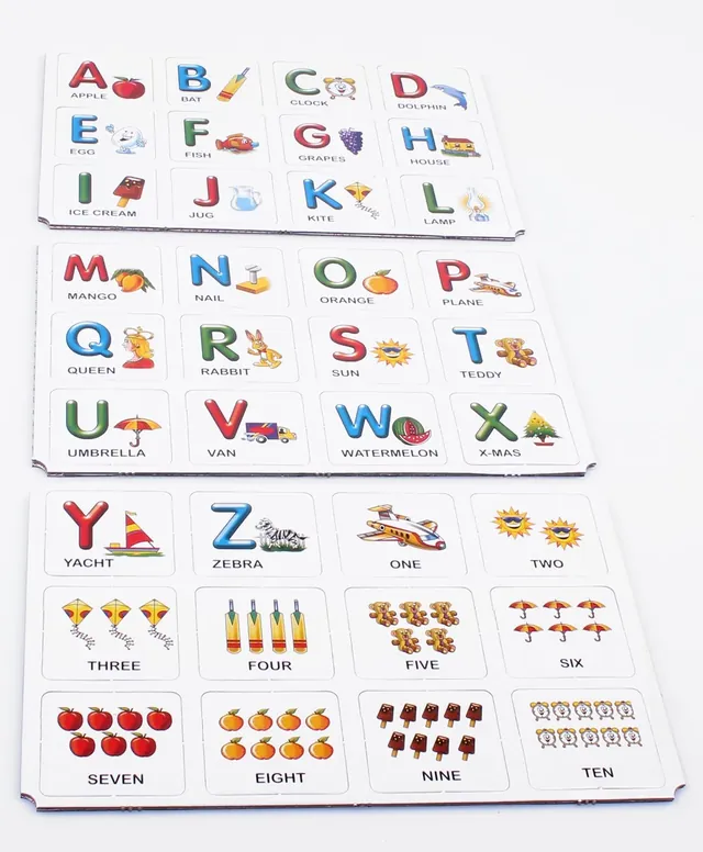 Picture cards laid out in rows, from A for apple to Z for zebra, then groups of one to ten objects