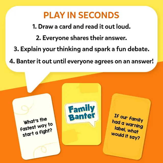 Play in seconds: draw a card, everyone shares an answer, explain your thinking, and banter until everyone agrees