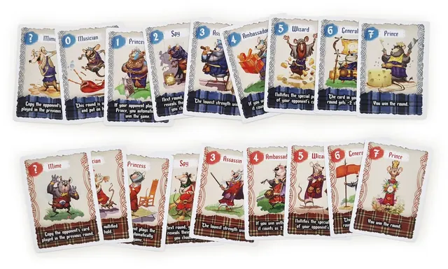 All 18 cards laid out in two rows, nine blue Yargs and nine red Applewoods