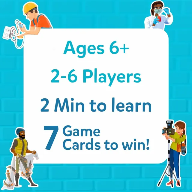 Panel reading ages 6+, 2-6 players, 2 minutes to learn and 7 game cards to win
