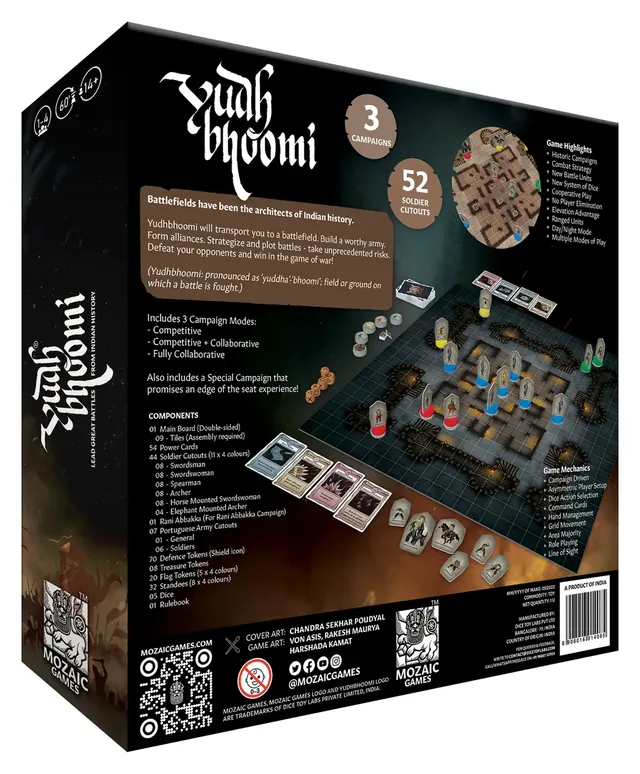 The Yudhbhoomi box back with the three campaigns, the components list and the line 'A product of India'