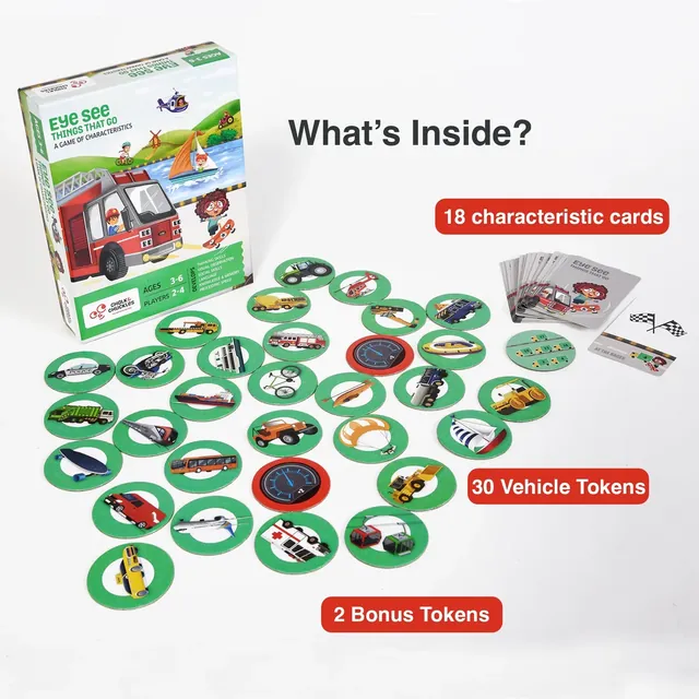 What's inside: 30 vehicle tokens, 2 bonus tokens and 18 characteristic cards