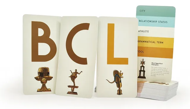 Letter cards B, C and L with trophy drawings, and a topic card listing City, Athlete and more