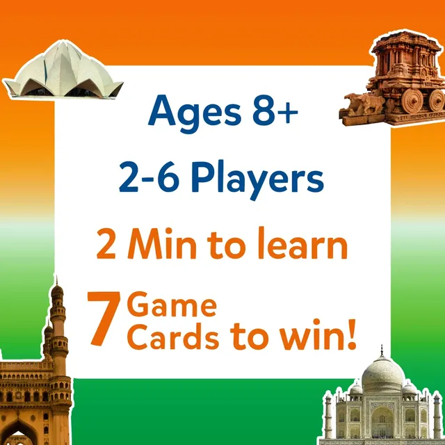 Panel reading ages 8+, 2-6 players, 2 minutes to learn and 7 game cards to win, in saffron, white and green