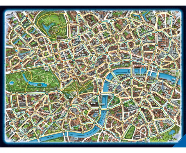 The board: a map of London covered in numbered stops linked by taxi, bus and Underground routes
