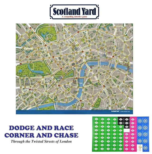 The Scotland Yard board, a street map of London with numbered stations, beside rows of coloured fare tickets