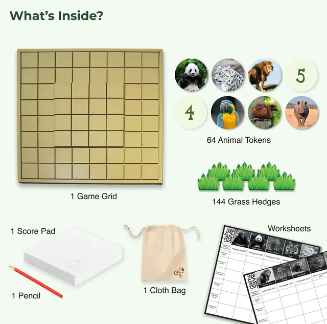 What's inside: the game grid, 64 animal tokens, 144 grass hedges, a score pad, a pencil, a cloth bag and worksheets