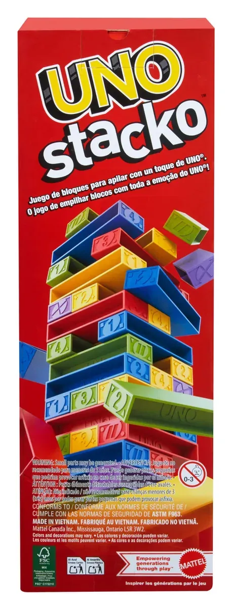 The back of the UNO Stacko box, with the toppling tower and warnings in several languages