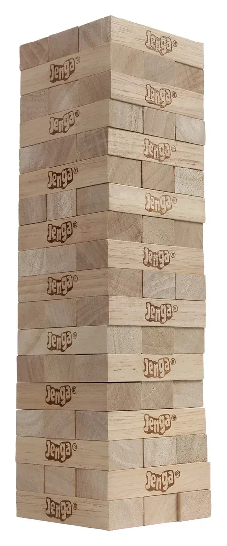 A built Jenga tower of plain hardwood blocks