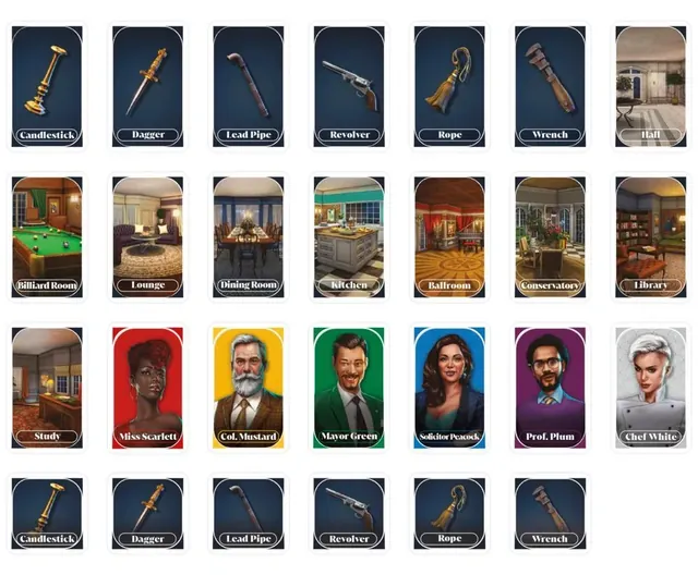 The travel game's cards in rows: six weapons, nine rooms and six suspects, with the six weapon tokens
