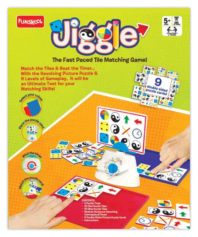 The back of the Jiggle box, showing two players racing to copy the spinning picture and the contents list