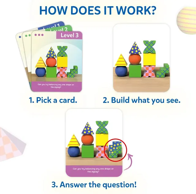 How it works: pick a card, build what you see, then answer the question on the card