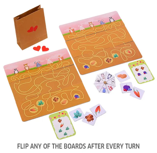 The maze boards with winding underground paths, the spinner, food tokens and party order cards; flip any board after every turn
