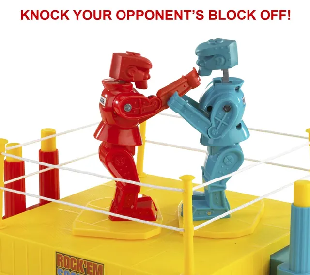 The blue robot's head popped up after a punch from the red robot, with the words Knock your opponent's block off