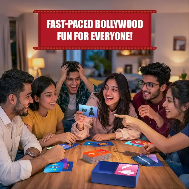 A group of young adults around a table, one holding up a card while the others shout guesses