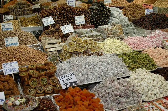 Heaps of spices and dried fruit at the Spice Bazaar in Istanbul