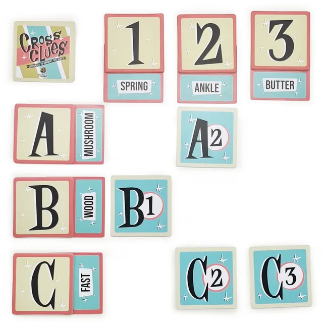 A small grid laid out: number tiles 1 to 3 across, letter tiles A to C down, with code words beside them