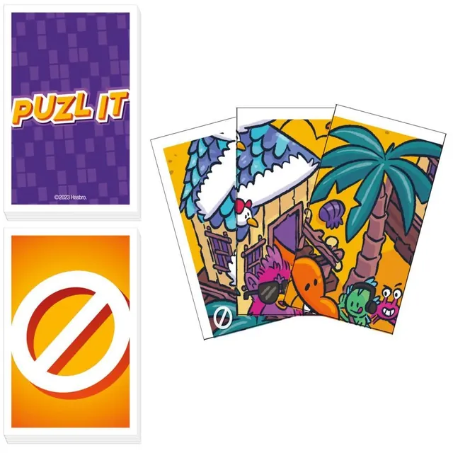 The card back, the Blocker card and three puzzle cards that fit together