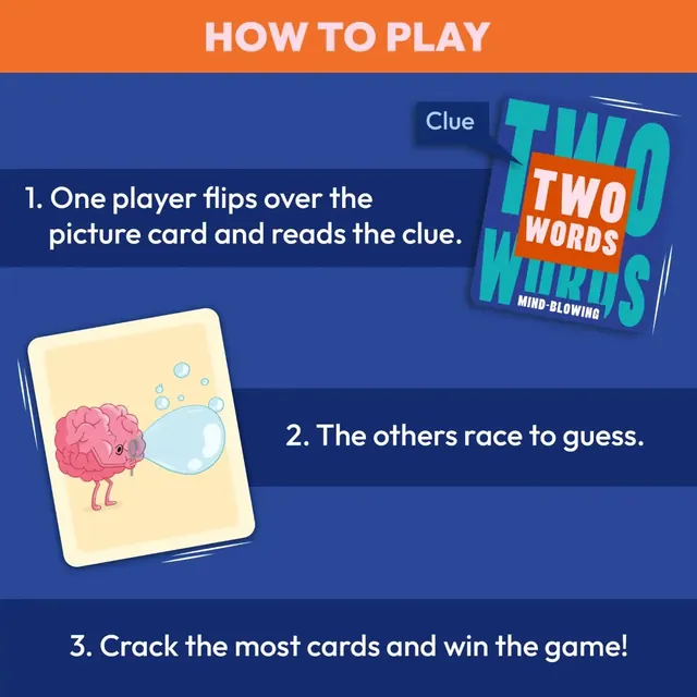 How to play: one player flips a card and reads the clue, the others race to guess, and the most cards wins
