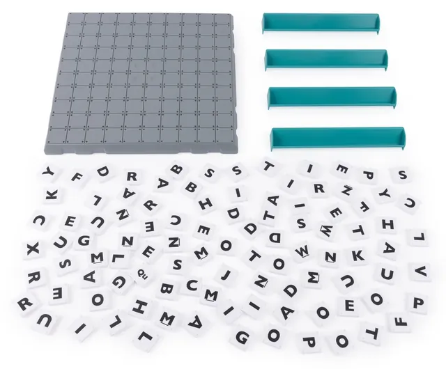 The grey Upwords board, four teal tile racks and a spread of white letter tiles
