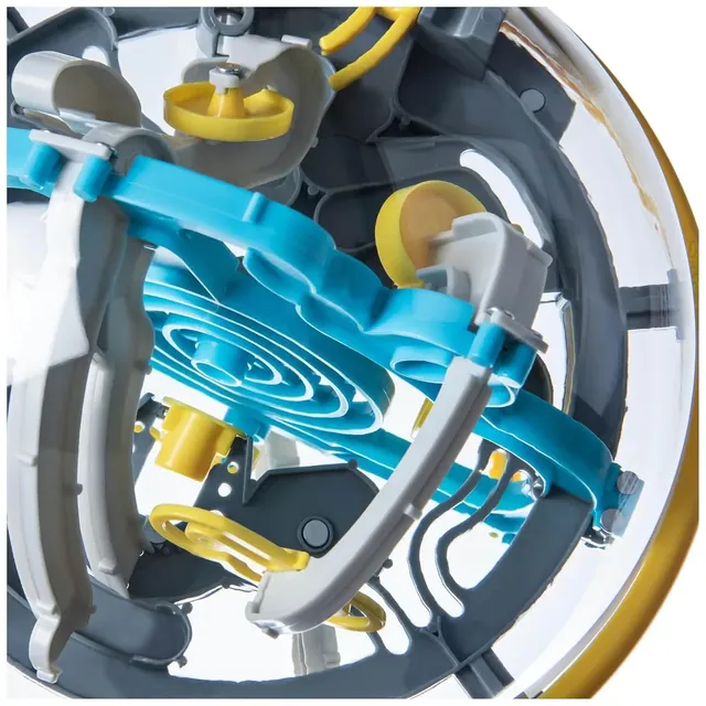 A close-up of the grey and blue track and yellow obstacles inside the sphere