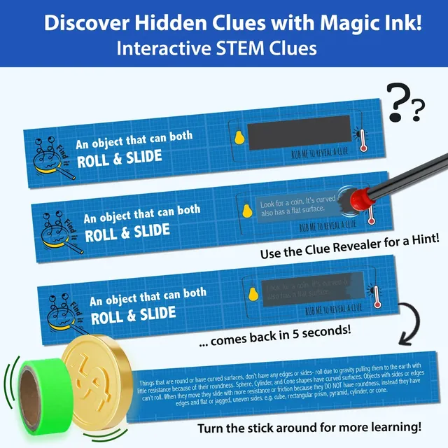 Sticks asking for an object that can both roll and slide, with a hidden clue in magic ink that shows when rubbed