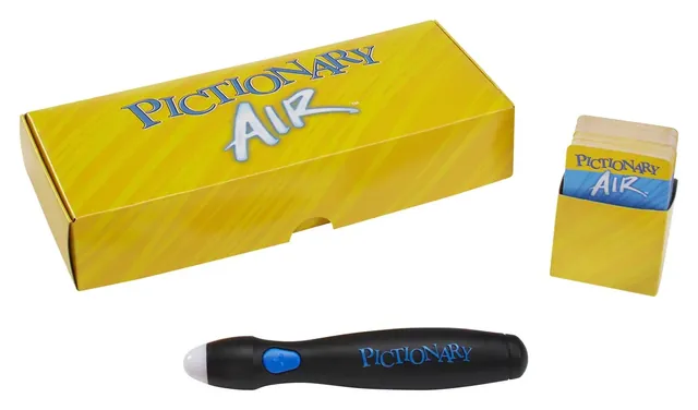 A yellow Pictionary Air card box, a small box of clue cards and the black light pen