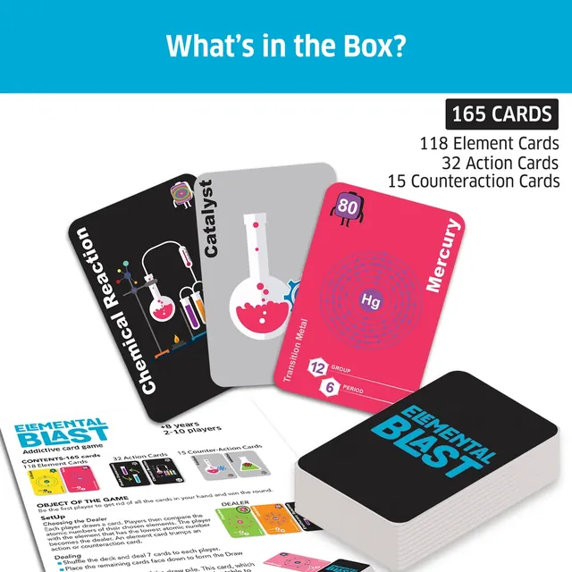 What's in the box: 165 cards, made up of 118 element cards, 32 action cards and 15 counteraction cards, with the rules