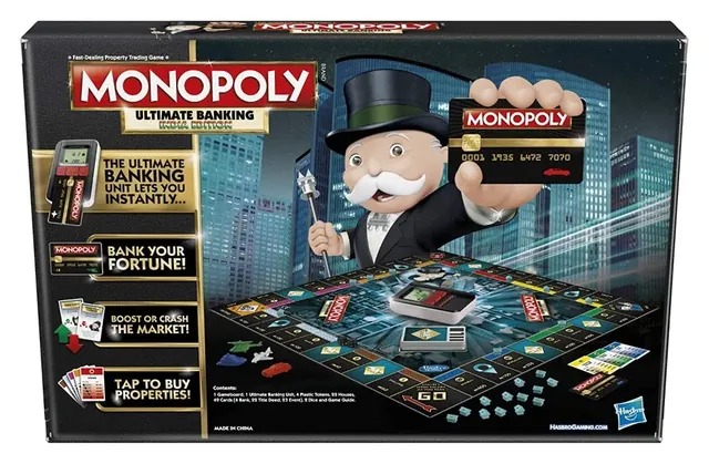 The back of the Monopoly Ultimate Banking box, showing the board and the banking features