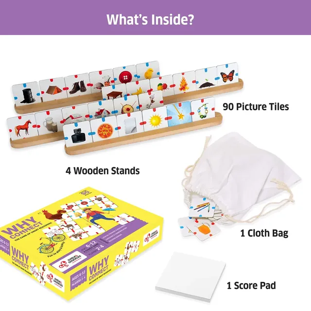 What's inside: 90 picture tiles, 4 wooden stands, a cloth bag and a score pad