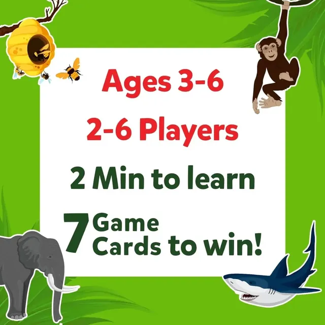 Panel reading Ages 3-6, 2-6 players, 2 minutes to learn and 7 game cards to win