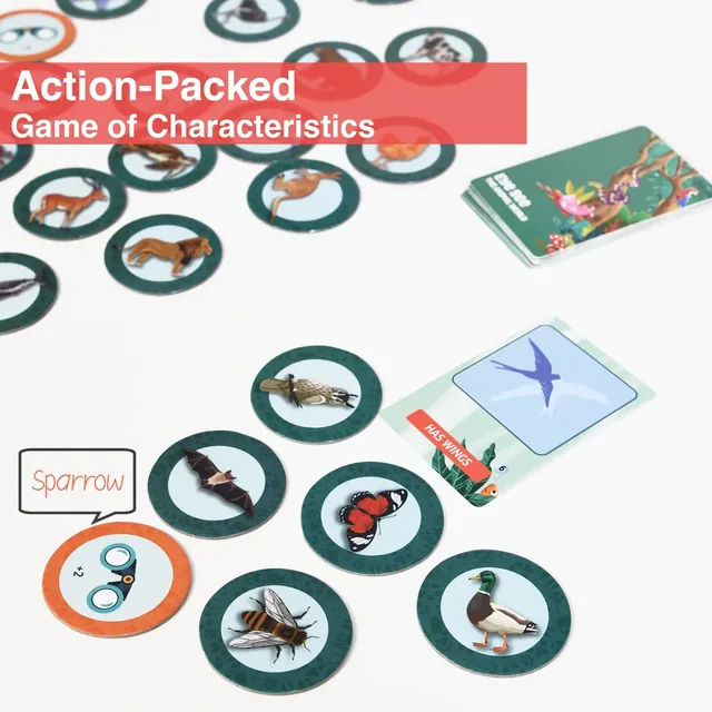 Animal tokens such as a bat, a butterfly and a duck spread round a card with a bird on it