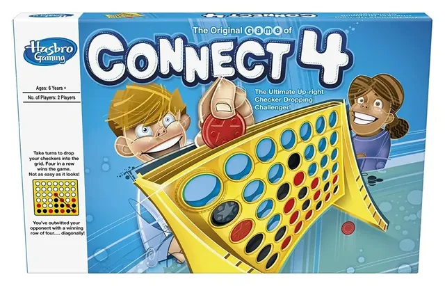 Front of the older, wider Connect 4 box: 'The Original Game of Connect 4' over a cartoon of two children behind a yellow grid with red and black discs, with the Hasbro Gaming logo at the top left