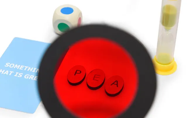 Letter tokens seen through a red decoder lens, spelling PEA