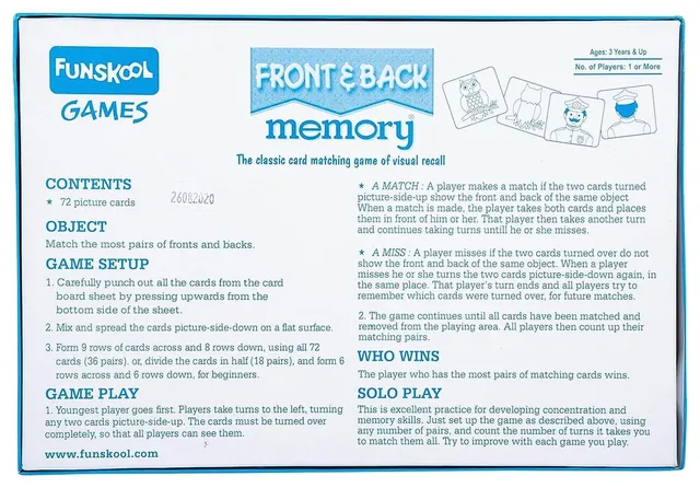 The rules panel from the back of the earlier Front and Back memory box