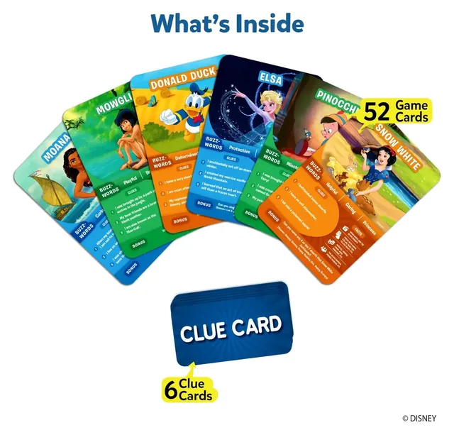 Fanned Disney game cards, among them Moana, Mowgli, Donald Duck, Elsa and Pinocchio, with a clue card: 52 game cards and 6 clue cards