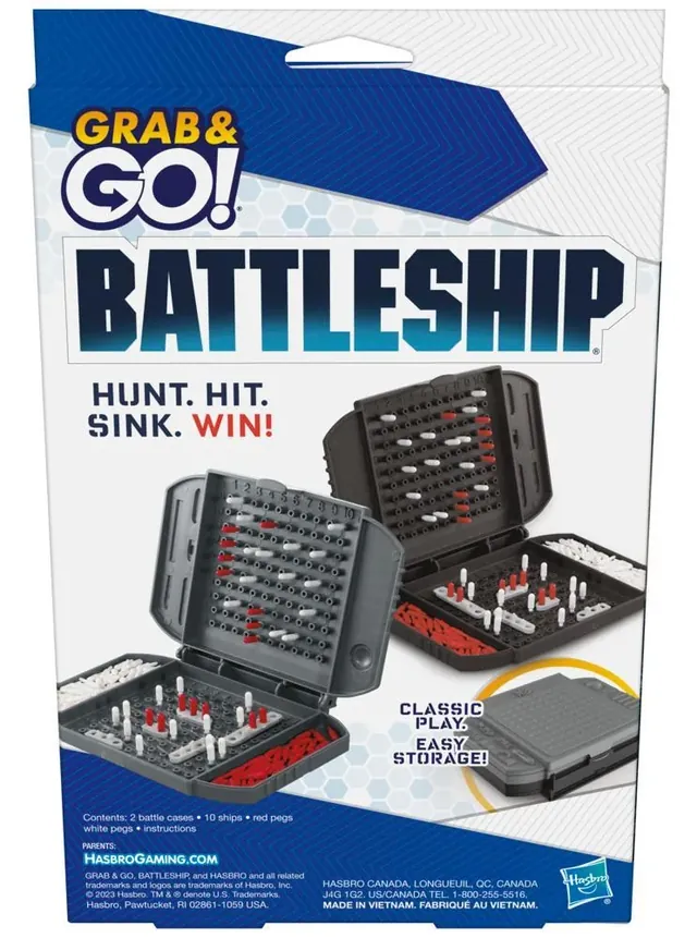 The back of the Battleship Grab & Go box, with the open cases and the contents list