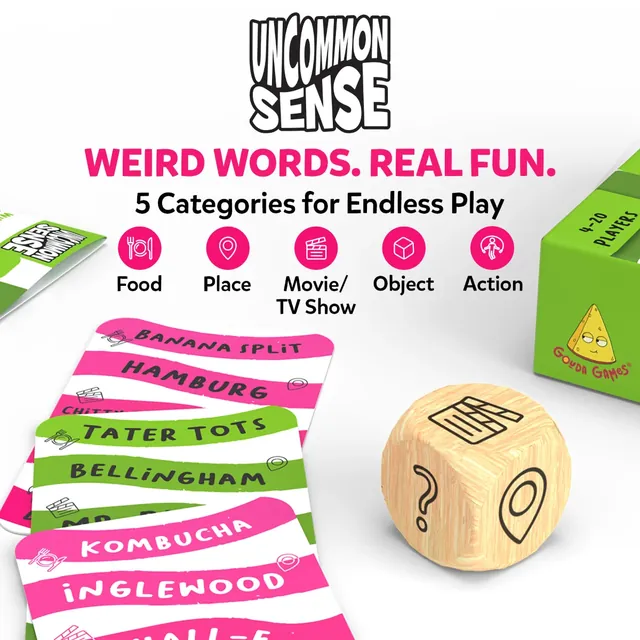 Sample cards and the wooden die with its five category faces: food, place, movie or TV show, object and action