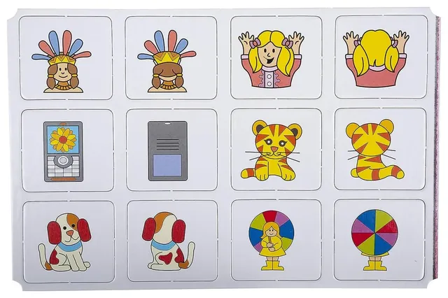 A sheet of picture cards in pairs, such as a dog, a girl and a tiger, each seen from the front and from behind