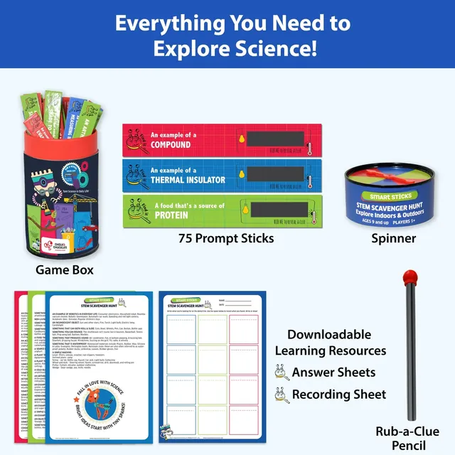 Everything you need: the game tube, 75 prompt sticks, the spinner, a Rub-a-Clue pencil and the downloadable answer and recording sheets