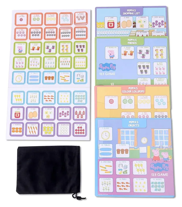 Four Peppa Pig picture boards with numbered groups of pictures, and a black drawstring bag