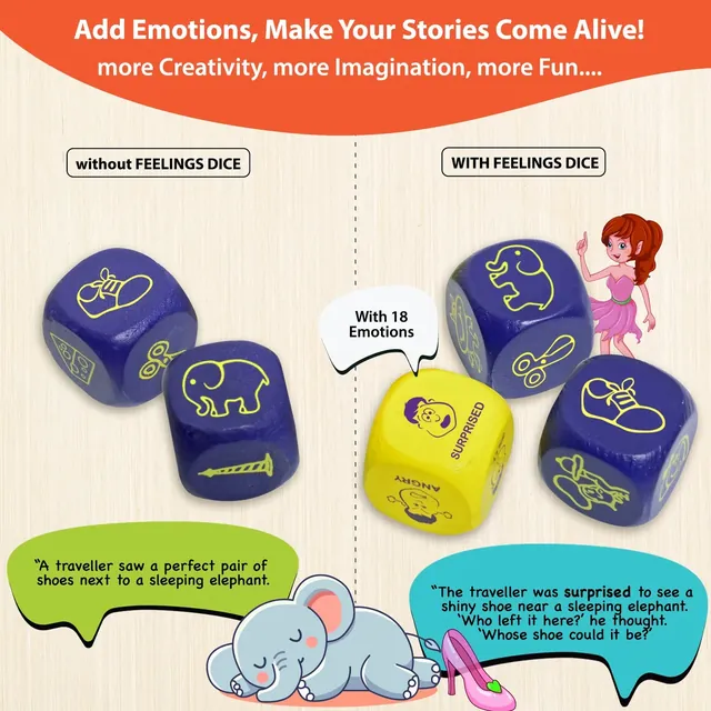 Picture dice without and with a feelings die, and the stories each might start