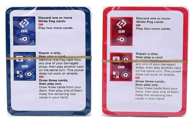A blue and a red Power card with their instructions: repair a ship, draw cards, discard peg cards
