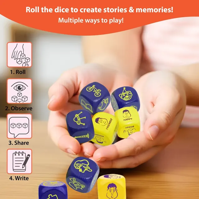 Multiple ways to play: roll, observe, share and write, beside a hand holding the dice