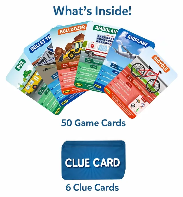 Vehicle game cards fanned out, such as a bus, a bullet train, a bulldozer, an ambulance, an airplane and a bicycle, with a blue clue card