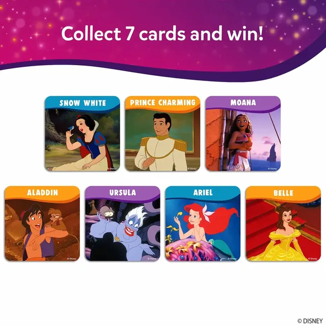 Seven game cards: Snow White, Prince Charming, Moana, Aladdin, Ursula, Ariel and Belle