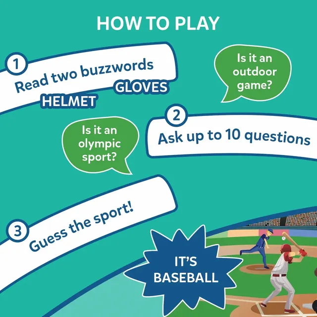 How to play: read two buzzwords (Helmet, Gloves), ask questions such as Is it an outdoor game?, and guess the sport: baseball