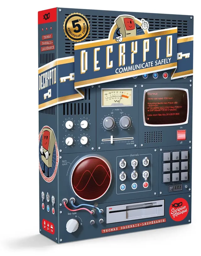 The dark blue 5th Anniversary Edition box of Decrypto